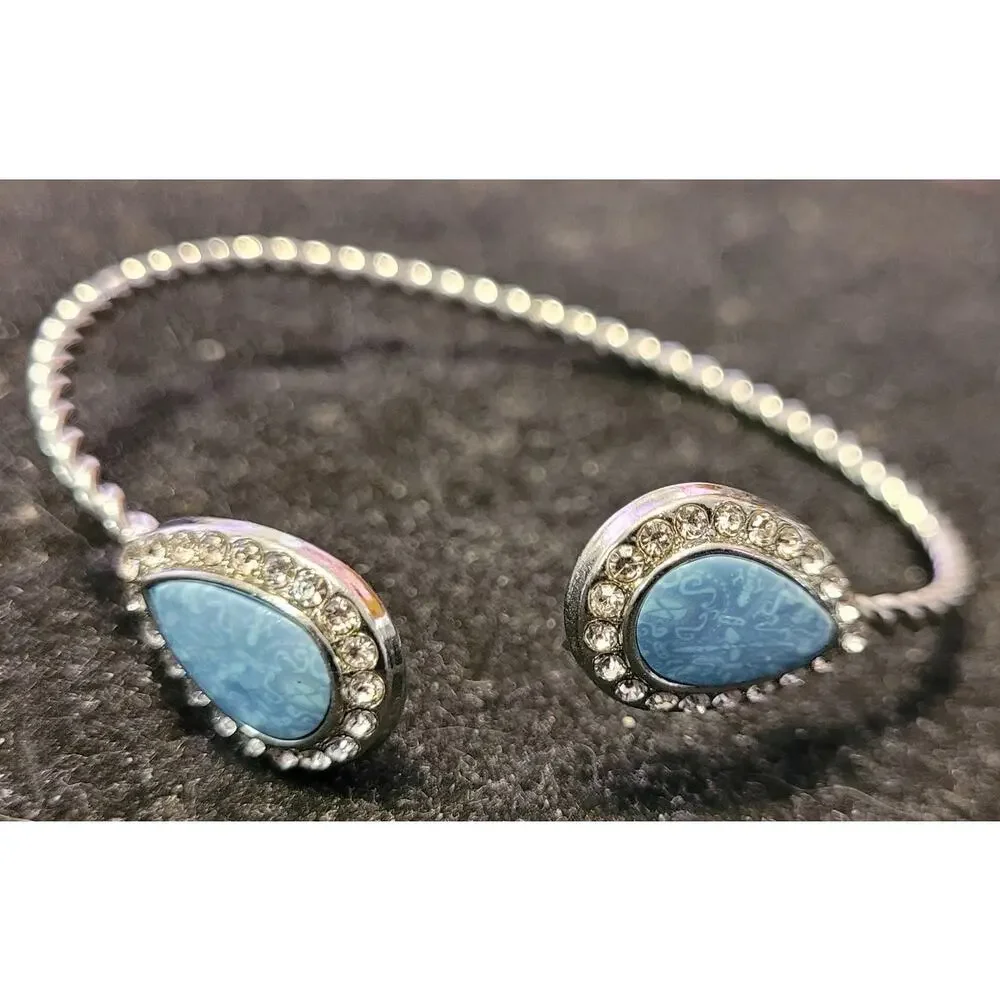 Jilzarah Adjustable Silvertone Bangle Bracelet Blue Clay Cabachon Crystals